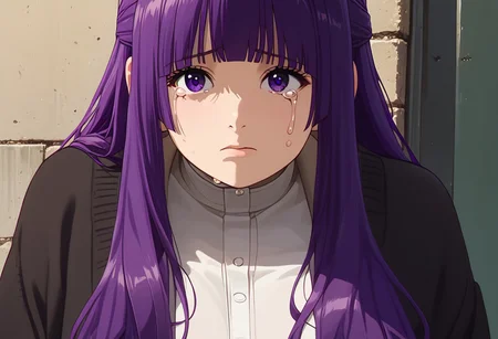 score_9, score_8_up, score_7_up, score_6_up, anime, big eyes,1girl, 18yo girl, sad, teardrop, crying,
detailed face, beautiful face, detailed hands, beautiful hands,
((1girl,fern \(sousou no frieren\), large breasts, long hair, purple hair, half updo, blunt bangs, purple eyes,
Thick thigh, front view, knee shot, small mouth, huge breasts, white shirt, navy skirt, oversized cardigan, loose cardigan, open cardigan, navy cardigan, overknee socks, exposing white panty, close shirt)),
break
cemetery, front of grave, cityscape, plant, face shot, focus eyes, (close up:2), pov, looking to viewer, shiny eyes,