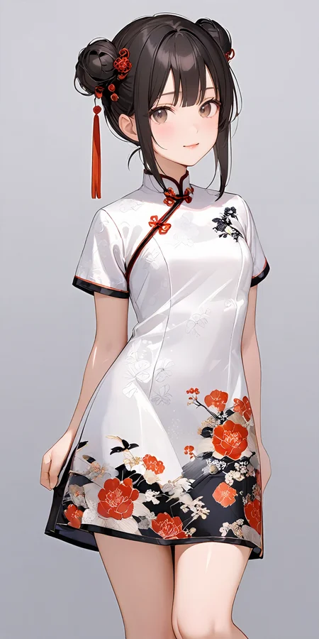masterpiece,ultra-detailed,best quality,8K,illustration,cute face,clean skin ,shiny hair,girl,simple background
 <lora:add-detail-xl:1> <lora:china dress_XL_V1.0:1.2> jyojifuku, china dress, skirt, double bun, floral print