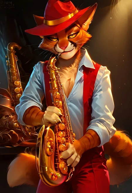 score_9, score_8_up, score_7_up, nsfw, curvy, femboy, DorianZibowski[LACKADAISY], Zib[LACKADAISY], orange fur, orange body, yellow sclera, colored sclera, black pupils, feline, animal ears, anthro, yellow markings, black markings, tail, cat tail, tabby cat, striped fur, striped, pointed ears, eyebrows, smiling, (male anthro cat:1.3), chest tuft, fluffy chest, furry, furry anthro, solo,
red pants, red hat, red fedora, suspenders, white collared shirt, white sleeves, white shirt, red vest,  smokey environment,
playing instrument, playing saxophone, 
half-closed eyes, horny expression, hands, clothed, dutch angle, posing, from front, seductive pose, seductive smile, looking at viewer, standing, 
BREAK
inside, on stage, speakeasy, band, spotlight, ambient light, shadows, cinematic,