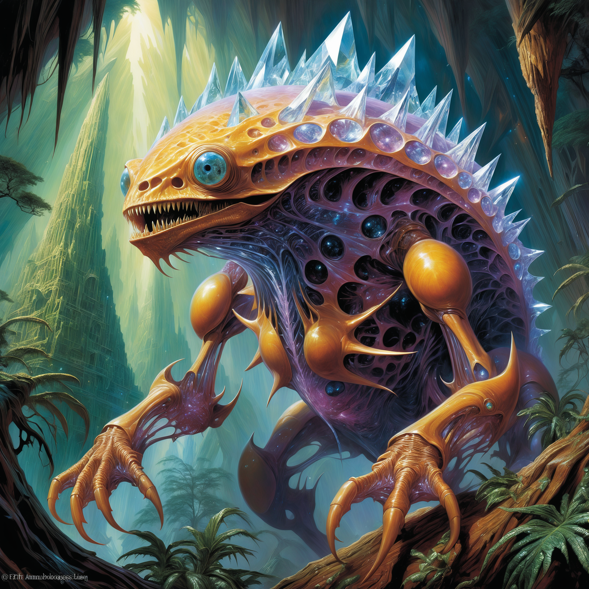 <lora:add-detail-xl:2.0>, ultra detailed, famous artwork (by jeff easley:1.1), crystalline, (fractal art:1.0), fantasy style, this peculiar life form, the volatile bonenoggin hides in the inflornicated dense crystal jungles of the opsablopsiated exoplanet flarnshingle . covered in a metallic exoskeleton it (ambushes its prey:1.4) with (long crystalline appendages:1.3)