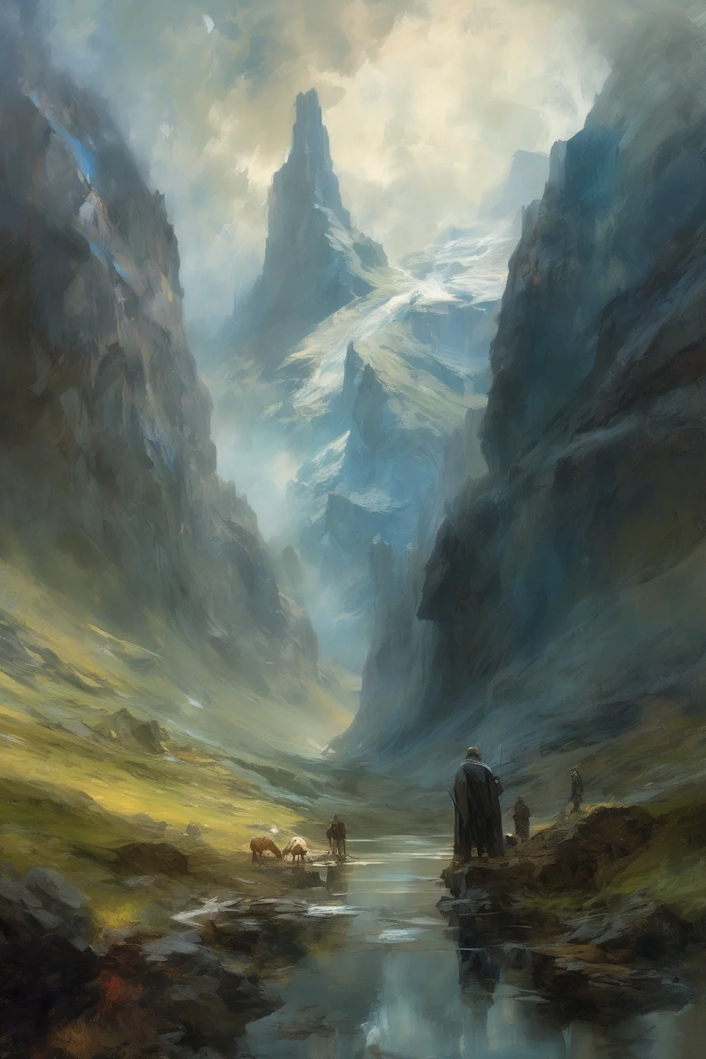 John Martin Style - Beautiful impressionist oil painting of Gtterdammerung in Valhalla, cosmic nordic mountain setting, double exposure, synergy between August Wilhelm Leu and Jeremy Mann and Jean-Baptiste Monge and Daniel F Gerhartz and anato finnstark and aaron griffin