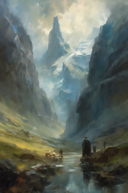 John Martin Style - Beautiful impressionist oil painting of Gtterdammerung in Valhalla, cosmic nordic mountain setting, double exposure, synergy between August Wilhelm Leu and Jeremy Mann and Jean-Baptiste Monge and Daniel F Gerhartz and anato finnstark and aaron griffin