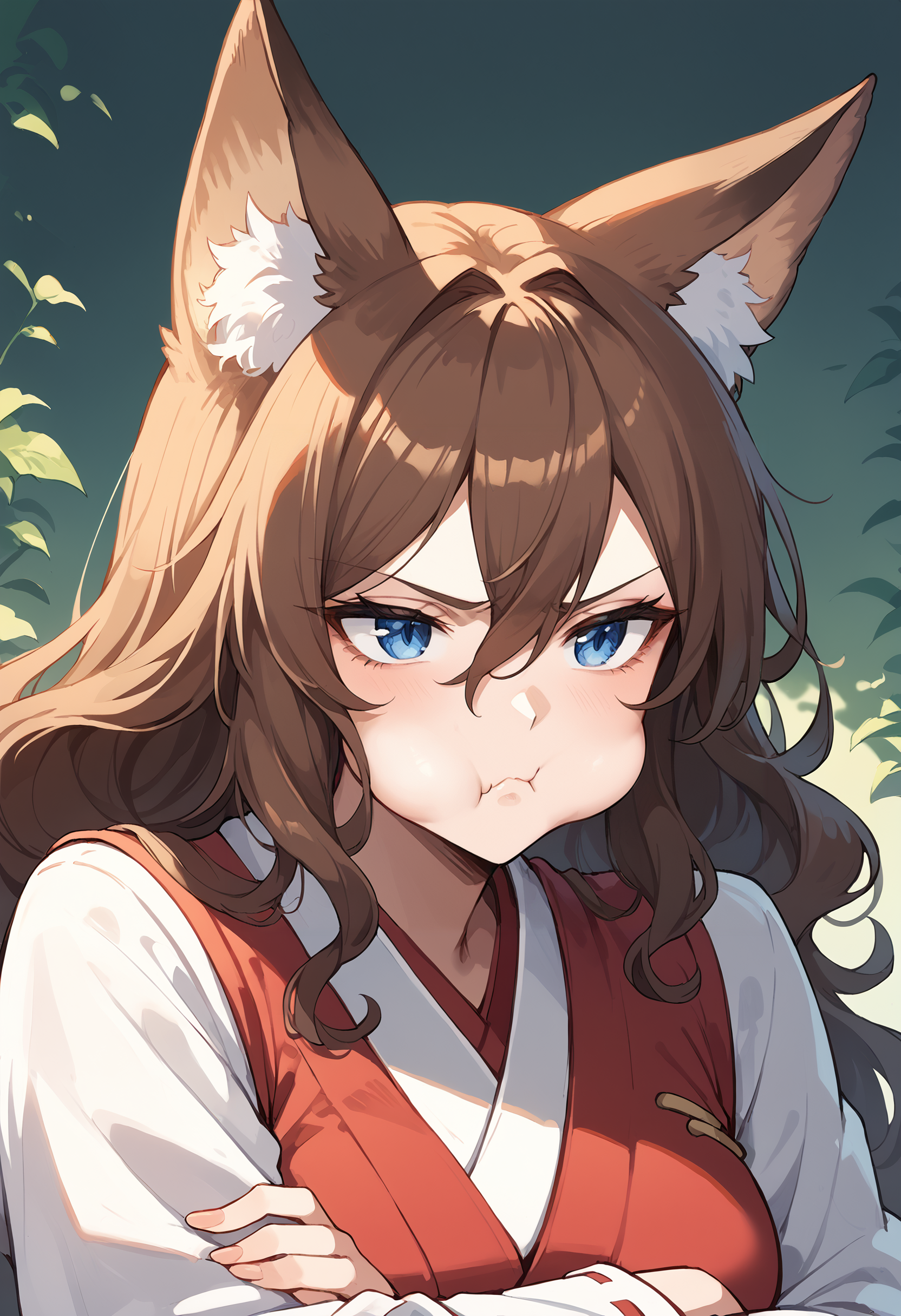 score_9, score_8_up, score_7_up,fox girl, fox ears,hair between eyes, brown hair, long hair,blue eyes, mature female, wavy hair, pout, puffy-cheeks, annoyed, portrait, puffy cheeks, looking away, miko outfit, crossed arms
<lora:puffy cheeks  (pony) v1:1>