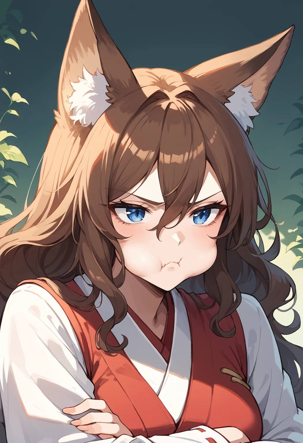 score_9, score_8_up, score_7_up,fox girl, fox ears,hair between eyes, brown hair, long hair,blue eyes, mature female, wavy hair, pout, puffy-cheeks, annoyed, portrait, puffy cheeks, looking away, miko outfit, crossed arms
<lora:puffy cheeks (pony) v1:1>