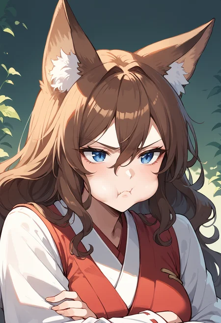 score_9, score_8_up, score_7_up,fox girl, fox ears,hair between eyes, brown hair, long hair,blue eyes, mature female, wavy hair, pout, puffy-cheeks, annoyed, portrait, puffy cheeks, looking away, miko outfit, crossed arms
<lora:puffy cheeks (pony) v1:1>