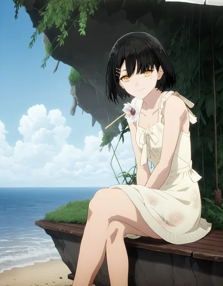 score_9,score_8_up,score_7_up,source_anime,looking at viewer,(straw_hat:1.2),sundress,smile,legs,closed mouth,sitting,
xytx-jie,1girl,solo,black hair,short hair,yellow eyes,mole under eye,hair ornament,hairclip,<lora:jie_pony>,reaching,on the beach,sea,<lora:Anime_Screencap:1>,anime screencap,
