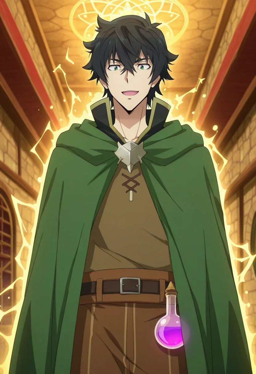 masterpiece, best quality, , anime screencap, anime coloring, official style, , 1boy, solo, male focus, <lora:naofumi_iwatani_ilxl:0.96>, naofumi_iwatani, black hair, green eyes, short hair, hair between eyes, bangs, , magic market, spell stalls, potion shops, enchanted paths, shopping pose, excited expression, magical lighting,