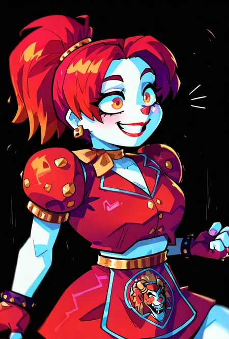 <lora:ilglambab-10:1> glambab, white skin, 1girl, red hair, ponytail, wide smile, earrings, short puffy sleeves, red fingerless gloves, red dress, red lips, midriff, red nose, ((dynamic pose)), red skirt, <lora:sakfsdajfkasd:1> alpharecdyt,, score_9, score_8_up, score_7_up, masterpiece, best quality, masterpiece, best quality, amazing quality, very aesthetic, absurdres, newest,