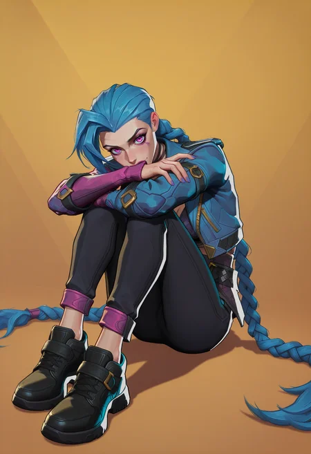 masterpiece, best quality, amazing quality, intricate detail, highly detailed, absurdres, very aesthetic, dynamic lighting, detailed background,
<lora:MarvelRivals:1> r1vals,
1girl, solo, long hair, looking at viewer, simple background, long sleeves, very long hair, sitting, twintails, blue hair, jacket, full body, braid, shoes, pants, black footwear, twin braids, black pants, yellow background, knees up, asymmetrical bangs, jinx, (league of legends)
