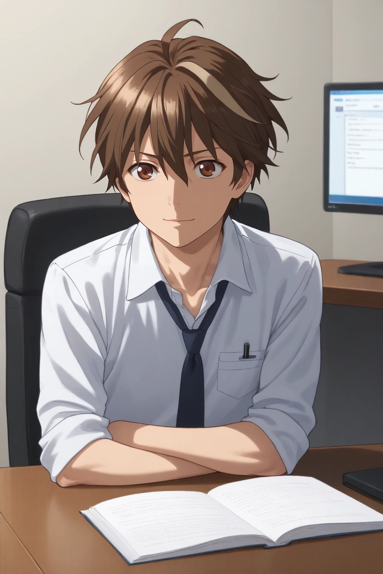 score_9, score_8_up, score_7_up, source_anime, rating_safe, , semi-realistic, , depth of field, 1boy, solo, male focus, <lora:shuu_ouma_pony:0.92>, shuu_ouma, brown hair, brown eyes, short hair, ahoge, hair between eyes, cowboy shot, office, computers, midnight, knees up, seductive smile, , <lora:sdxl_lightning_8step_lora:1>