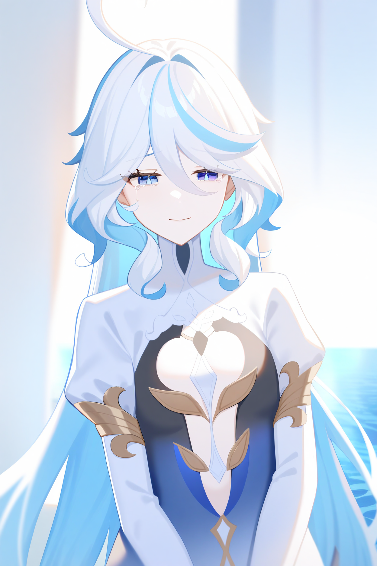 <lora:Furina_v2-000044:1>,mismatched_pupils,
1girl,absurdres,ahoge,blue_dress,blue_eyes,blue_hair,breasts,cleavage_cutout,closed_mouth,clothing_cutout,crying,crying_with_eyes_open,dress,focalors_(genshin_impact),genshin_impact,gold,gold_trim,hair_between_eyes,highres,light_smile,long_hair,long_sleeves,small_breasts,solo,tears,very_long_hair,water,white_hair,
