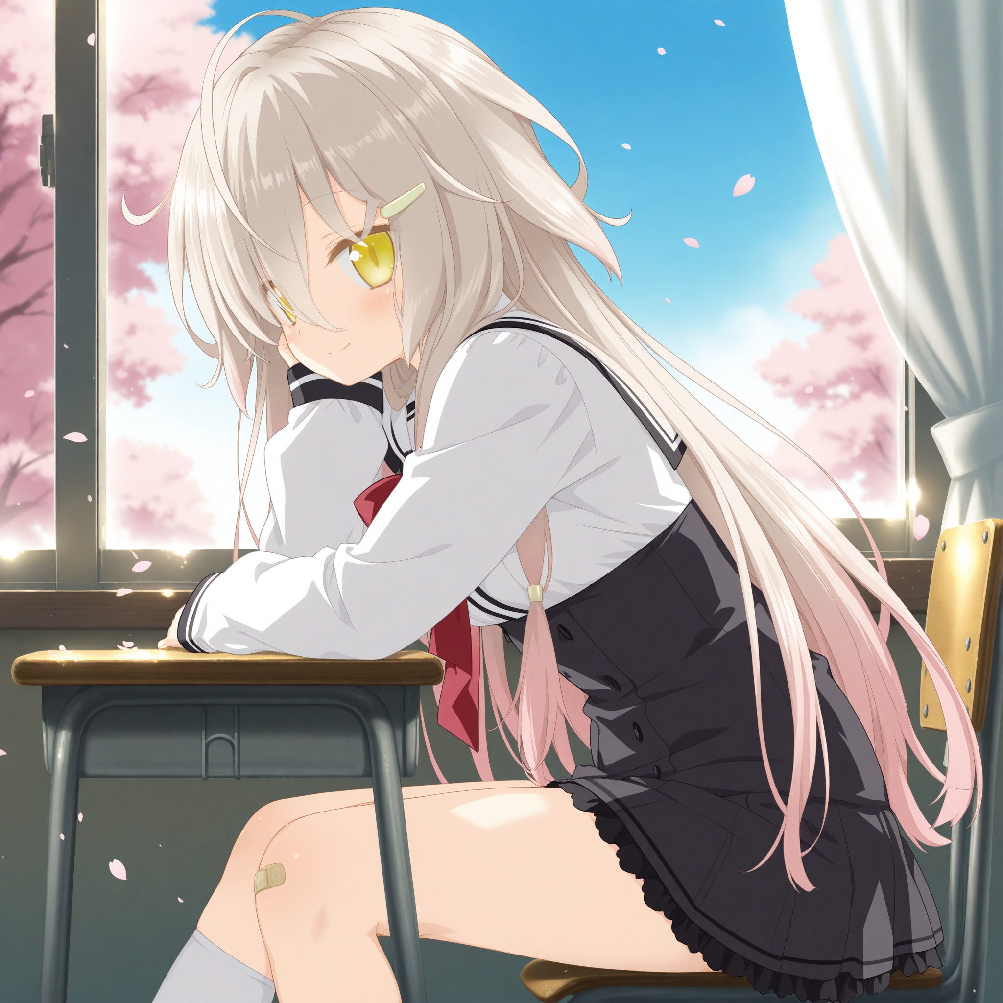 <lora:Kuro_1_nai-000045:1>,official art,Kuro,hair ornament,
school uniform,white socks,bandaid on leg,bandaid,kneehighs,bandaid on knee,single sock,asymmetrical legwear,
1girl,solo,looking at viewer,sitting,from side,arm support,on chair,desk,indoors,window,curtains,day,arm on table,cherry blossoms,falling petals,smile,hand on own face,