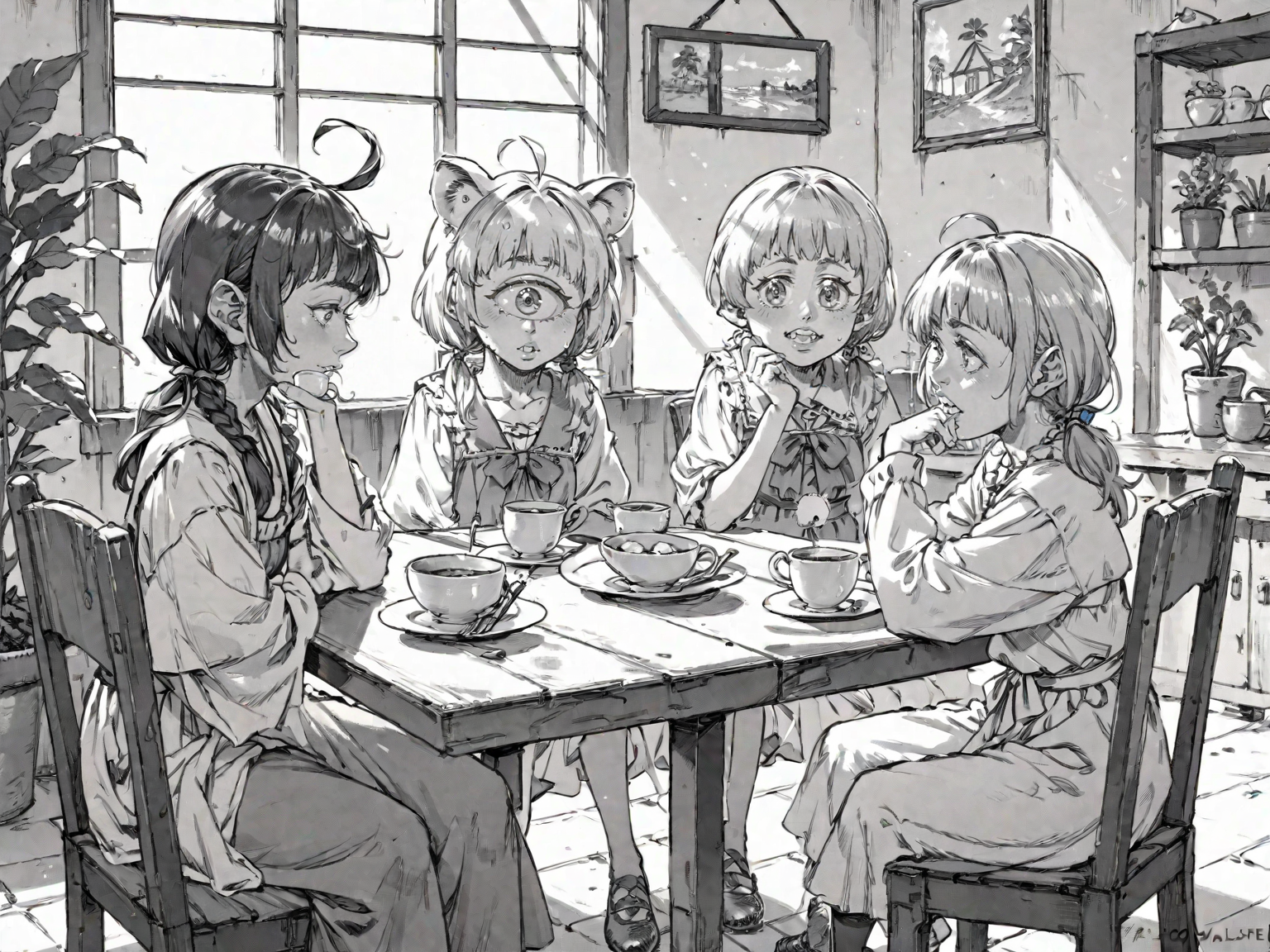 3girls ahoge animal_ears aqua_eyes aqua_hair blue_hair braid brown_eyes brown_hair buck_teeth chair cup cyclops fantasy green_eyes head_rest holding holding_cup looking_at_another low_twintails mouse_ears multiple_girls one-eyed plant potted_plant short_twintails sitting table teacup teeth twintails
, <lora:Berserk:0.8>, score_9, score_8_up, score_7_up, zPDXL3, monochrome, greyscale