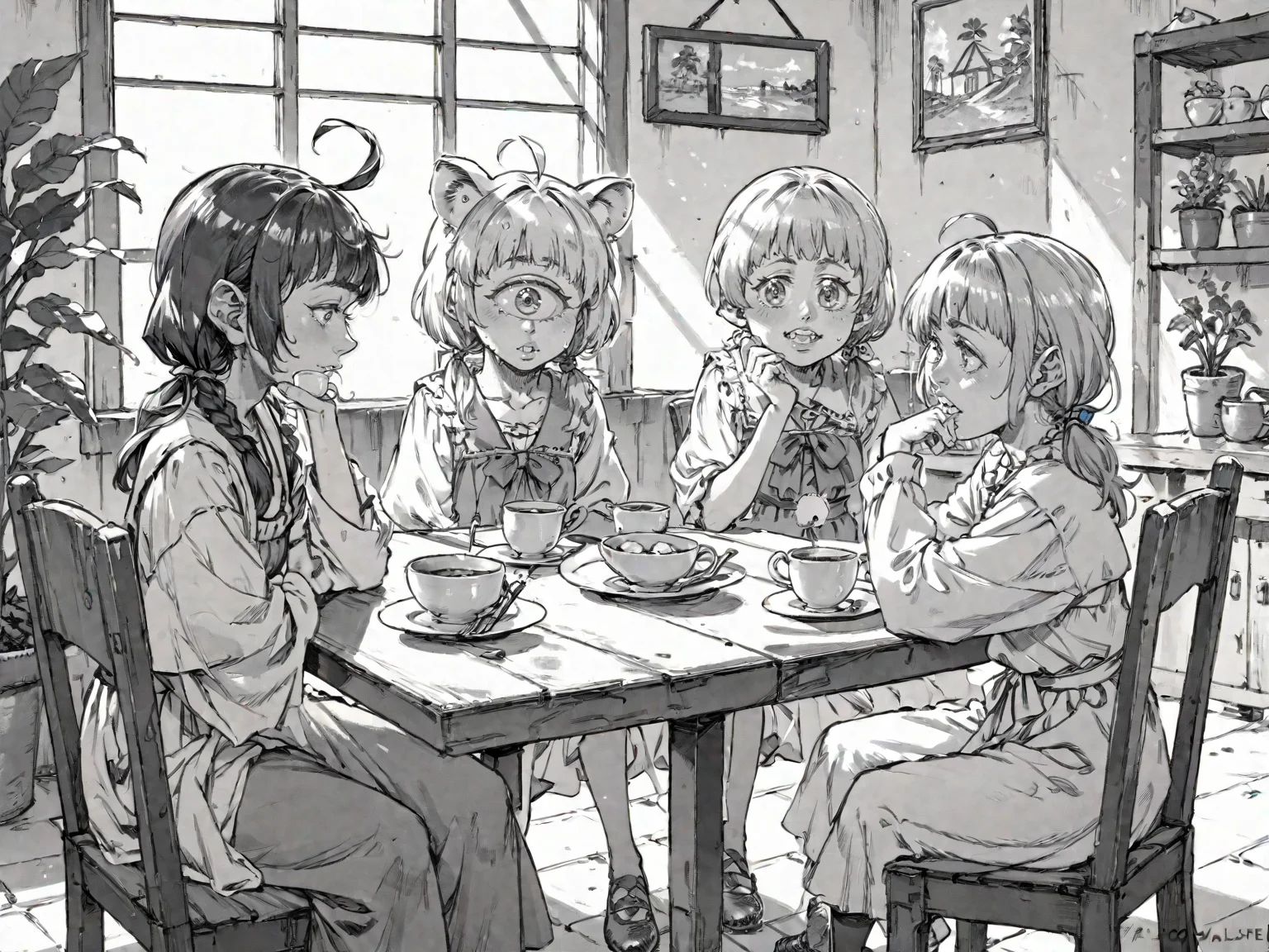 3girls ahoge animal_ears aqua_eyes aqua_hair blue_hair braid brown_eyes brown_hair buck_teeth chair cup cyclops fantasy green_eyes head_rest holding holding_cup looking_at_another low_twintails mouse_ears multiple_girls one-eyed plant potted_plant short_twintails sitting table teacup teeth twintails
, <lora:Berserk:0.8>, score_9, score_8_up, score_7_up, zPDXL3, monochrome, greyscale