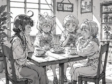 3girls ahoge animal_ears aqua_eyes aqua_hair blue_hair braid brown_eyes brown_hair buck_teeth chair cup cyclops fantasy green_eyes head_rest holding holding_cup looking_at_another low_twintails mouse_ears multiple_girls one-eyed plant potted_plant short_twintails sitting table teacup teeth twintails
, <lora:Berserk:0.8>, score_9, score_8_up, score_7_up, zPDXL3, monochrome, greyscale