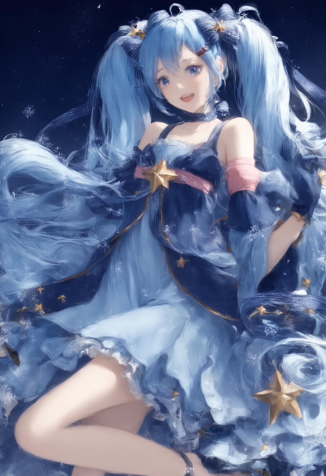 score_9,score_8_up,score_7_up,,source_anime BREAK  ,SHM17, hatsune miku, 1girl, yuki miku, constellation print, long hair, star \(symbol\), twintails, solo, blue hair, blue eyes, open mouth, hair ornament, very long hair, gloves, detached sleeves, dress, smile, blue dress, ribbon, star hair ornament, looking at viewer, starry sky print, hairclip, snowflakes, striped ribbon, upper body, hair bow, full body<lora:éªãã¯17:1>