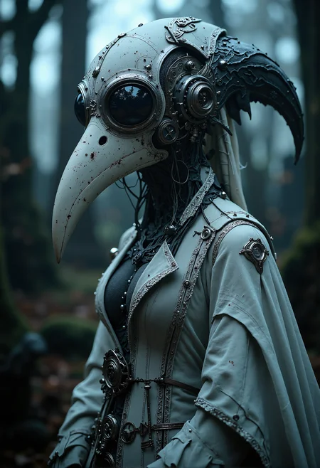 Masterpiece, 8k, HDR, best quality, photography, analog film, real life, extremely beautiful, highly detailed, intricately detailed, dramatic. famous artwork by Ingrid Baars and Eric Lacombe steampunk. low angle shot. intense photo. portrait of A female plague doctor in traditional attire looks directly into the camera. goggles. She wears an ornate immaculate white robe, and her iconic (long beaked mask:1.9) is also entirely white, its curved form adding a ghostly elegance to her presence. studio lighting, graveyard background. hyperdetailed photography, masterpiece, best quality, high quality, highres, ultra-detailed, best quality, 8K, high resolution, extreme detail, outstanding composition:1.4, professional photo 85mm lens for elegant body lines and fine skin detail with sharp subject, (dramatic backlighting:2.2), eerie fog, dark shadows, soft glowing highlights, haunting contrast, mystical aura, high contrast, ominous mood <lora:FluxMythP0rtr4itStyle.safetensors:0.5>, mythp0rt <lora:- Flux1 - vanta_black_V1.0.safetensors:0.5>, <lora:aidmaMJ6.1-FLUX-V0.1.safetensors:0.5>, midjourneyv6.1 ArsGreenMistWorld