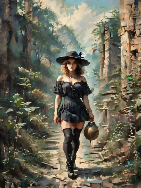 score_9, score_8_up, score_7_up, setting focus, character in foreground, establishing shot, 1girl, pale skin, medium breasts, (black sunhat, black stockings, black skirt, black top, zipper boots, Shoulder length hair, unnatural haircolor, <lora:OilpaintIMP:1> 0cmtr1g, 0cm, 0cm1sc, 4rch, The fall of ancient power, the towers topple, the ruins return, and she remains,highly detailed