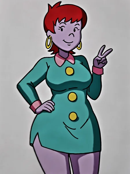 score_9, source_anime, masterpiece, high quality, BREAK, white background, 1girl, <lora:Beebee_Bluff_PDXLv0:0.5> beebee bluff, hoop earrings, green dress, v:1.2, aged up, large breasts, mature face, wide hips, hand on own hip,