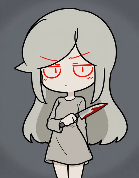 <lora:Susie_Peargor_ILL:1> 2d, susie_dsand, 1girl, cartoon, chibi, (red eyes, red eyebrows), no sclera, gray hair, long hair, pale skin, gray dress, barefeet,
looking at viewer, serious, evil,
amazing quality,very aesthetic,absurdres,newest,
gray background,
hovering, legs up, cowboy shot, holding knife, blood
