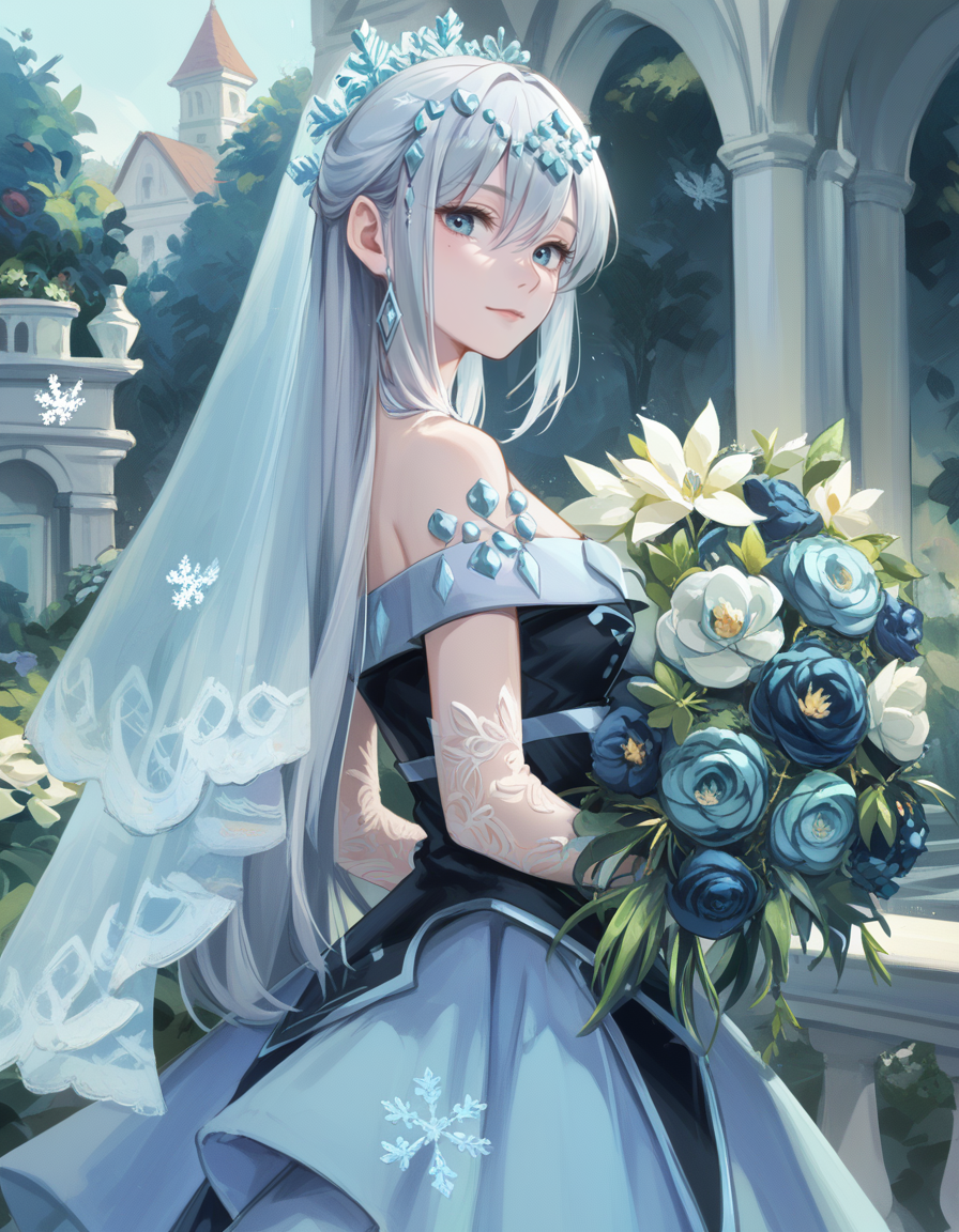 (score_9:0.9),score_8_up,score_7_up,rating_safe,(zPDXL3),(zPDXL),
<lora:Teardrop the Rikka Queen ponyXL v1.1:0.77>,
teardrop the rikka queen,1girl,solo,bouquet,looking back,holding bouquet,snowflakes, closed mouth,upper body,from side,snowflake tiara,snowflake print detached sleeves,cyan bridal veil,black strapless leotard,blue theme,layered dress,garden, winter