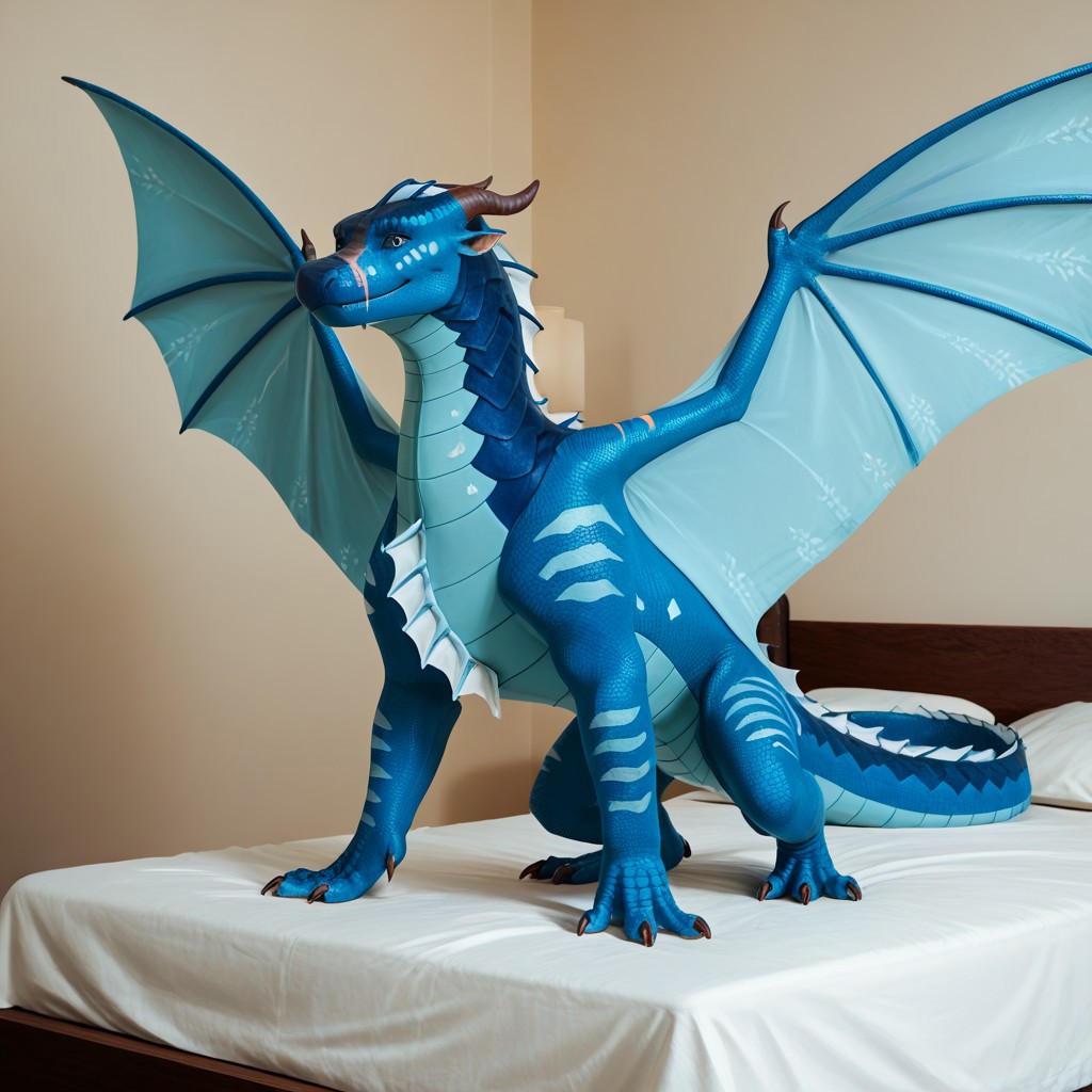 score_9, score_8_up, score_7_up, score_6_up, score_5_up, score_4_up, masterpiece, high quality, realistic, detailed, best quality, solo, rating_safe, source_furry, bedroom, white bed, smiling, happy, detailed eyes, detailed face, looking at viewer, standing, Seawing_wof, aquatic scales, (chin tendrils), dragon, scales, wings, horns, tail, head frill, claws, chest frill, webbed claws, webbed feet, wing pattern, Riptide_wof, blue scales, (scars on face, face scars), blue eyes, 1boy, male, spread wings, feral