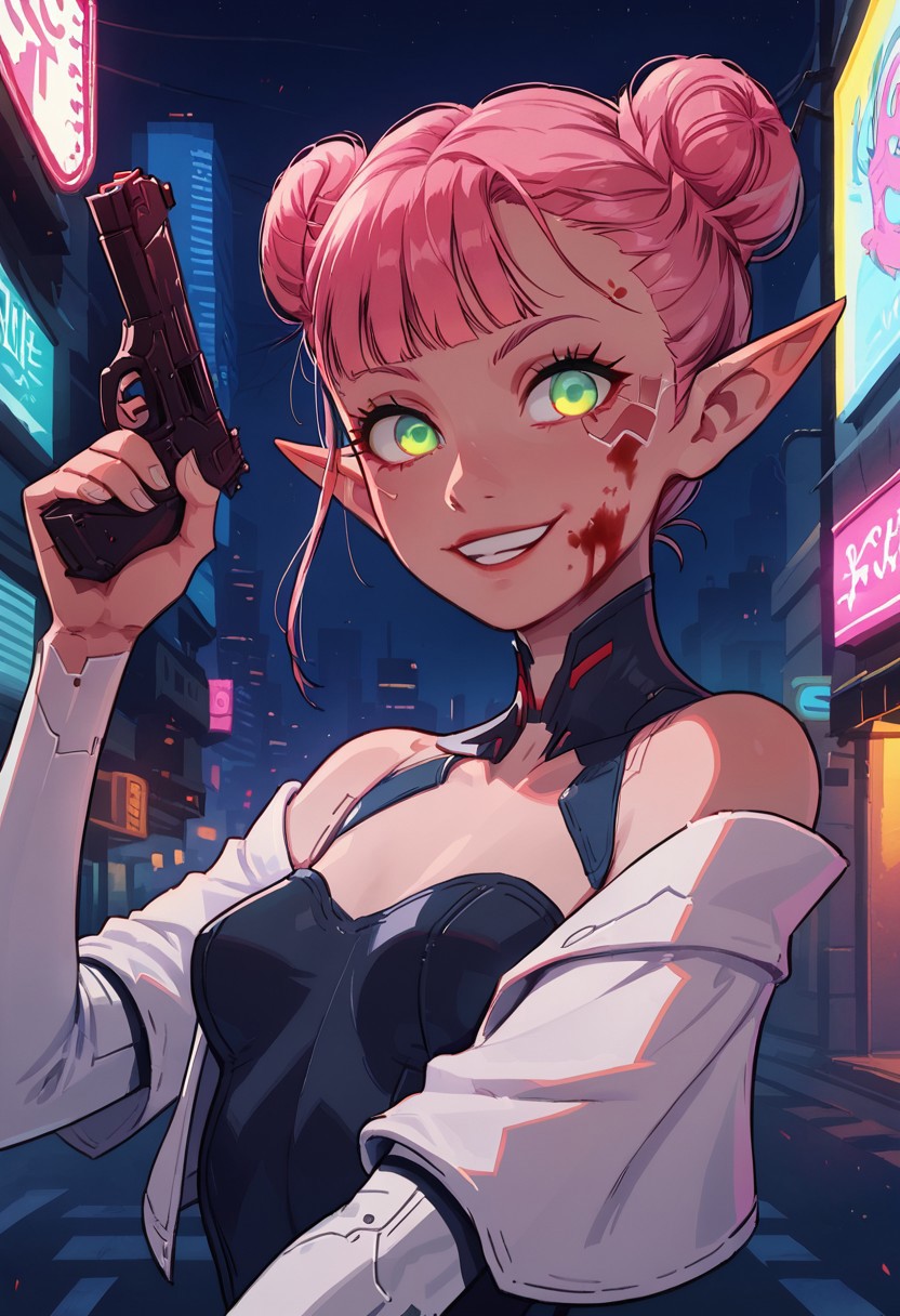 safe_pos, (masterpiece), highest quality, upper body, 1girl, sexy elf woman, pink hair, double bun hair, bangs, perfect detailed glowing green eyes, beautiful detailed face, slim, small breasts, leotard with puff jacket, (evil smile), blood on face, (holding pistol), dynamic pose, cyberpunk, futuristic, outdoors, night, city street, neon signs, food vendor, detailed background