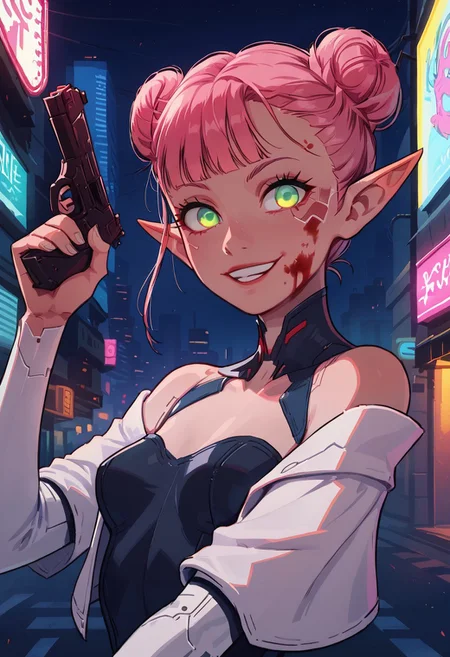 safe_pos, (masterpiece), highest quality, upper body, 1girl, sexy elf woman, pink hair, double bun hair, bangs, perfect detailed glowing green eyes, beautiful detailed face, slim, small breasts, leotard with puff jacket, (evil smile), blood on face, (holding pistol), dynamic pose, cyberpunk, futuristic, outdoors, night, city street, neon signs, food vendor, detailed background