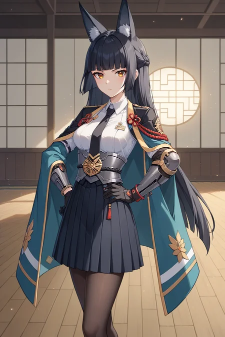 score_9, score_8_up, score_7_up, source_anime, 1girl, prefect lighting, very aesthetic, intricate details, highly detailed background, masterpiece, high quality, prefect hands, best quality, solo,
<lora:Hoshimi_Miyabi_ZZZ_V1:.85>, KJOhoshimi, long hair, animal ears, hime cut, black hair, amber eyes,
black necktie, black gloves, collared shirt, open jacket, black skirt, pantyhose, armored arm,
hand on own hip, serious, looking at viewer,
dojo, wooden floor,
(Beautiful, medium Breasts:1.2), natural breasts,