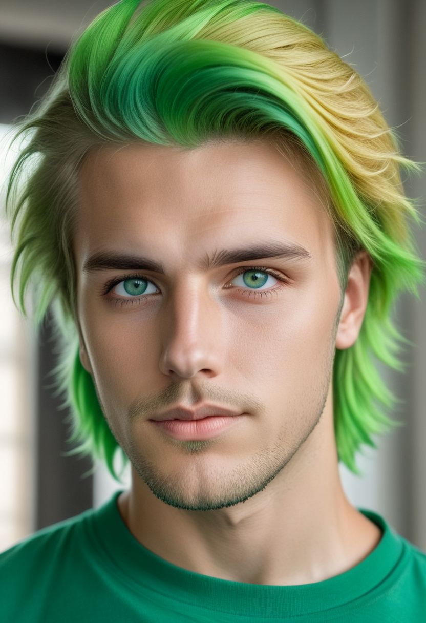 aszkstzz, realistic, solo, 1boy, male focus, facial hair,  looking at viewer, green hair, shirt, depth of field, green shirt, stubble, two tone hair, multicolored hair, portrait, blonde hair, green eyes, blue eyes,  hyperdetailed photography, soft light,   cinematic angle, masterpiece, best quality ,