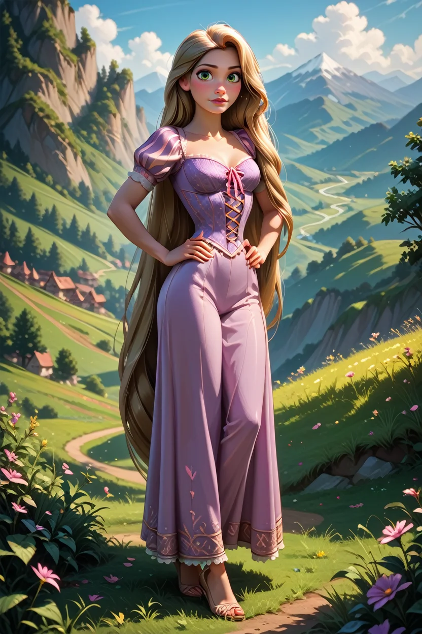 score_9, score_8_up, score_7_up,
<lora:DisneyRapunzel:0.8>
DisneyRapunzel, 1girl, blonde hair, green eyes, very long hair, looking at viewer, hands on hips, mountains, field, full body