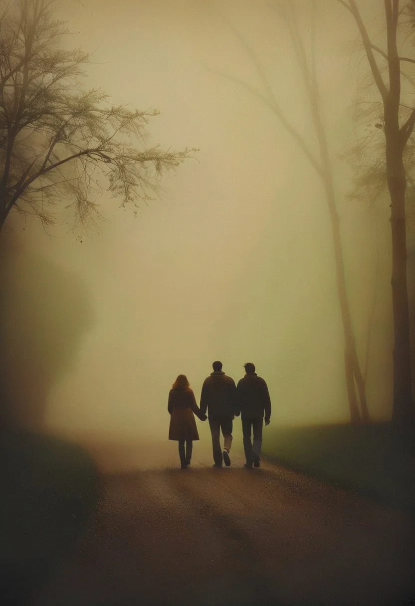 masterpiece, extremely detailed, a moody candid image of a couple walking hand in hand through a foggy park, the mist and muted colors create a sense of isolation and quiet intimacy, realistic, HD, retro film, film grain, OverallDetailXL