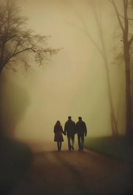 masterpiece, extremely detailed, a moody candid image of a couple walking hand in hand through a foggy park, the mist and muted colors create a sense of isolation and quiet intimacy, realistic, HD, retro film, film grain, OverallDetailXL
