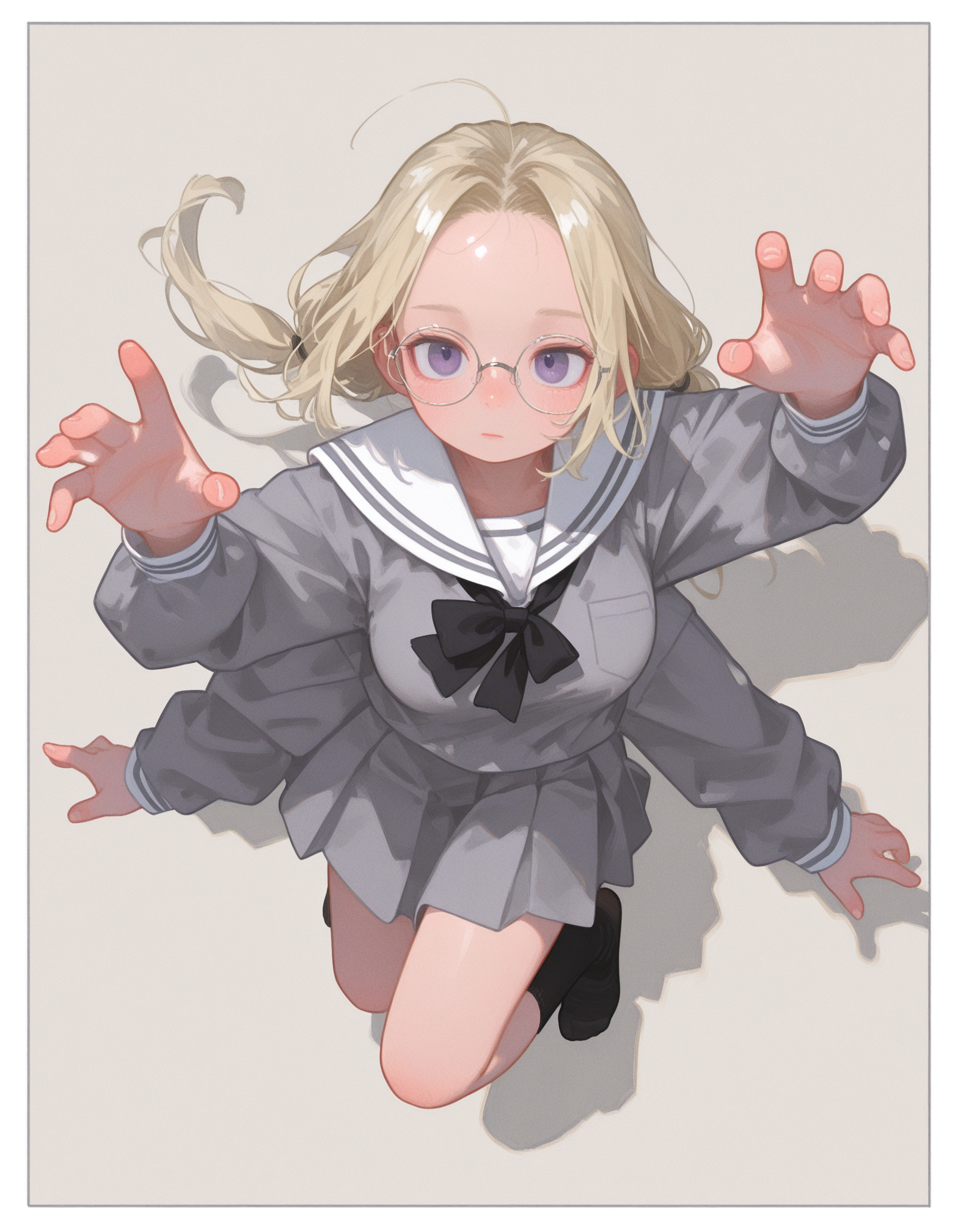 masterpiece, best quality, 32k, high resolution, absurdres, HD32k, masterpiece, high detail, extremely detailed, detailed linework, dynamic composition, (realistic), flat color,
1girl, solo,  expressionless ,
low twintails ,
blonde  hair,
purple  eyes, forehead ,
,
victorian style grey  japanese school uniform, pastel grey  vertical background, popping out of background, full body, jumping, [[[[arms stretched]]]], dynamic pose, black socks ,
white thick border,
from above , large breasts ,
((4 arms)), rimless large round glasses
0__11Xx_illu, bW9t, fl4t,
<lora:96YOTTEA-WAI:0.6>
<lora:Dramatic Lighting Slider:1.6>
<lora:0__11Xx:0.4>
<lora:fl4t:0.4>
<lora:MomoSweetSpaceILL:0.24>
<lora:c_:0.75>