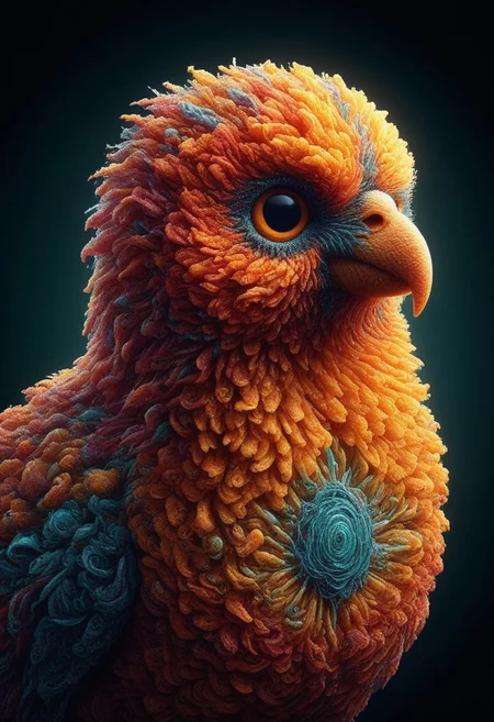 a cute chibby chicken mixed with a owl with big rainbow eyes made out of DFC and clay, it wears a cool rainbow bandana, very detailed, 4k, sharp, eating rainbow worms