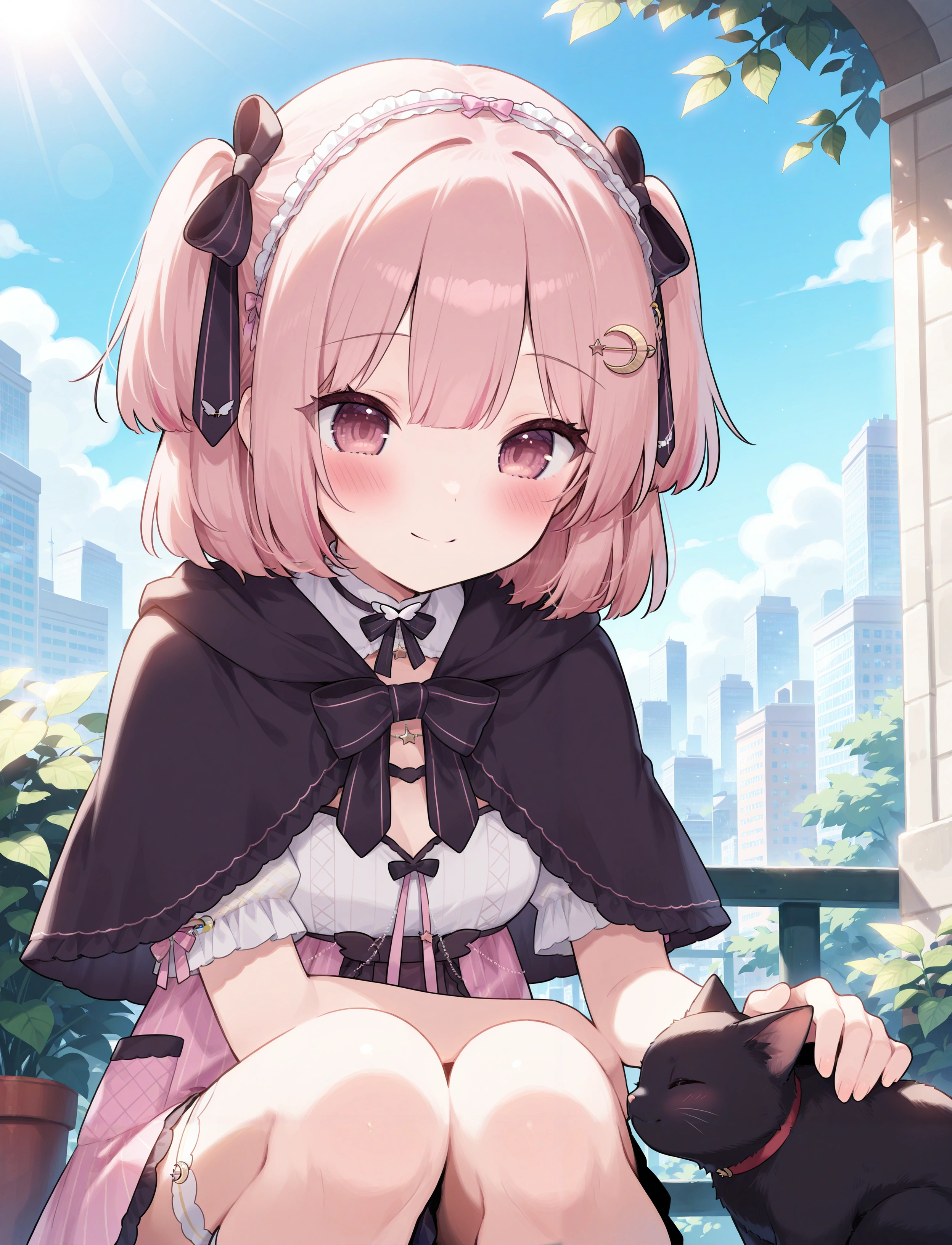 1girl,
lemonleaf, crescent hair ornament, pink hair, two side up, 
short sleeves, smile, blush, black capelet,
detailed background, outdoors, petting, cat, sunlight, city,
masterpiece, very awa
<lora:char_lemonleaf-ill-v1.1:1>