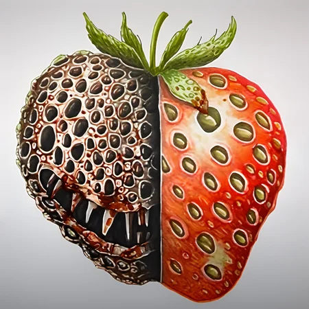 A drawing of a normal strawberry, in the style of JordanPersegati, split style drawing, trypophobia, glowing eye, covered in blood, rotten, horror, white background <lora:Jordan_Persegati_V2:1>