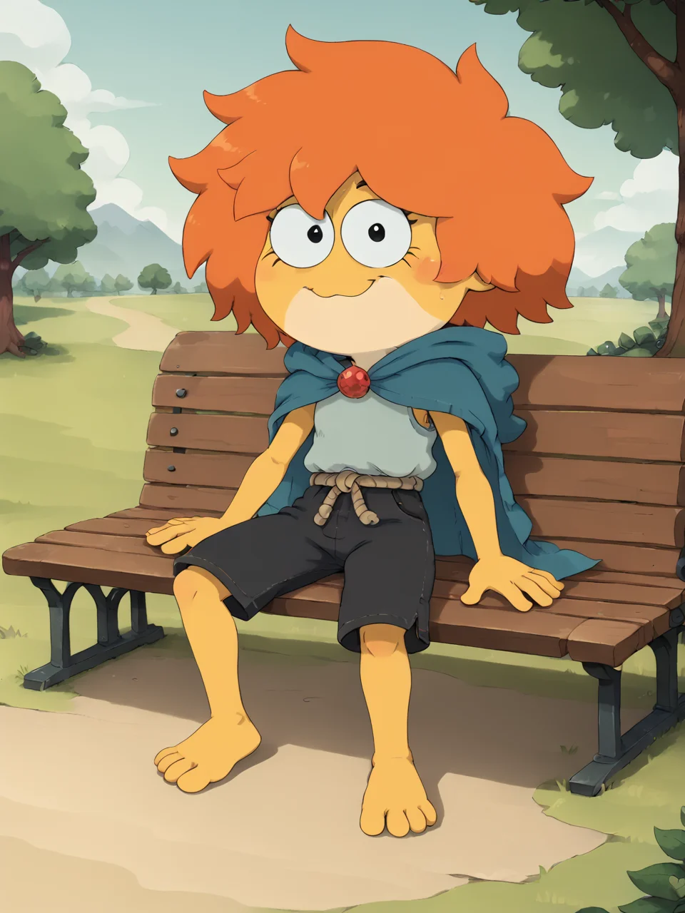 score_9, score_8_up, score_7_up, score_6_up, BREAK, EpilIvy, 1girl, solo, closed mouth, smile, yellow skin, black eyes, orange hair, rope, blue cape, black shorts, barefoot, in the park, bench, sitting on bench, looking at viewer <lora:Epilogue_Ivy_Sundew:1>