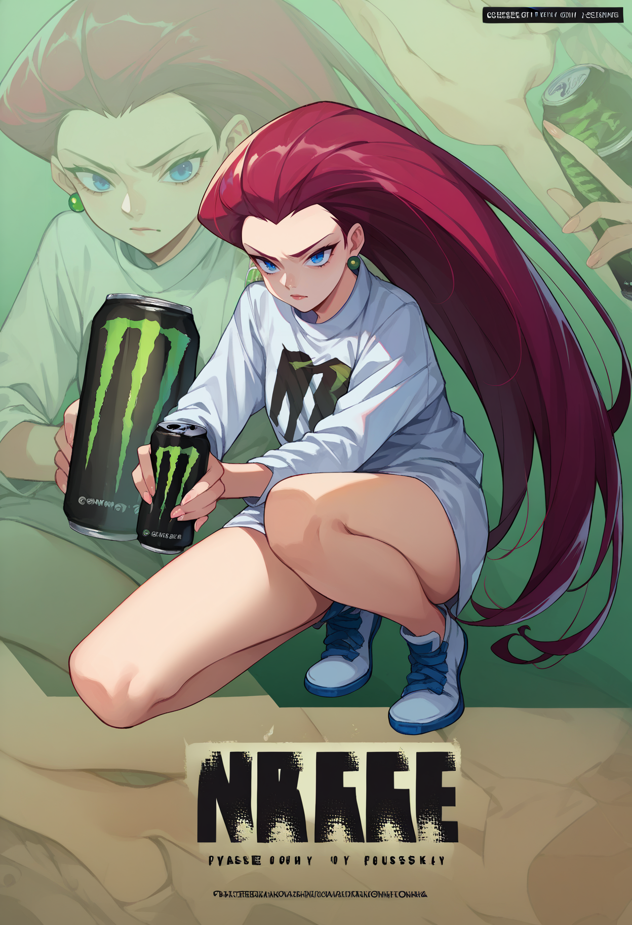 score_9,score_8_up,score_7_up,score_6_up, source_anime, 1girl, solo, <lora:EPpkJessiePony-05:0.8>, EPpkJessie, long hair, blue eyes, red hair, hair slicked back,  <lora:NikkeProfileV2_XLPD:1>, full body, zoom layer, on one knee, holding can, can, monster energy,