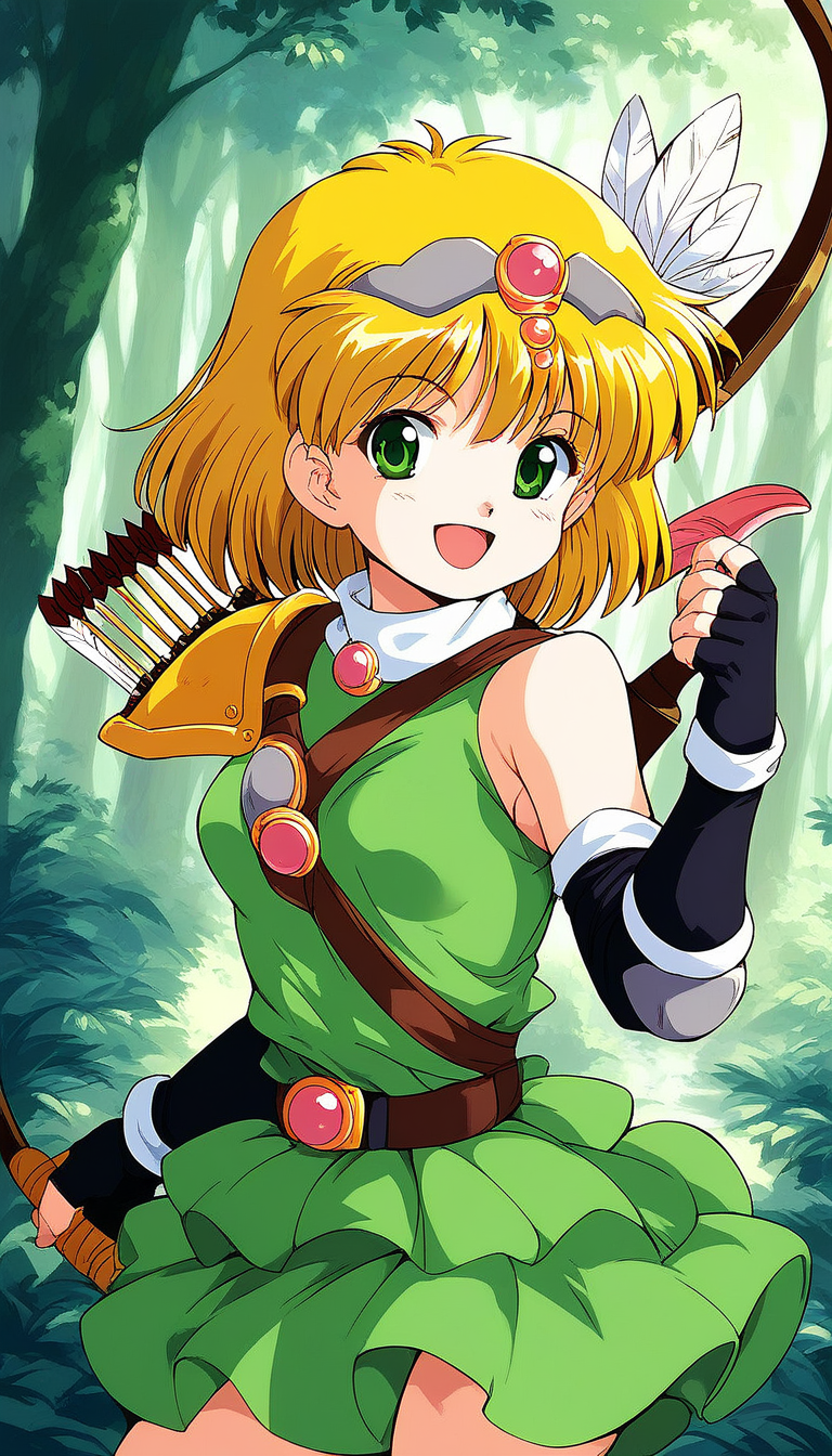 score_9, score_8_up, score_7_up, source_anime, rating_explicit, BREAK  <lora:Fanna_XL:1> Fanna, blonde hair, green eyes, medium hair, feathers, hair ornament, small breasts,
gloves, weapon, open mouth, armor, brown hair, arrow (projectile), elbow gloves, smile, bow (weapon),   fingerless gloves, looking at viewer, belt, green dress,
forest,