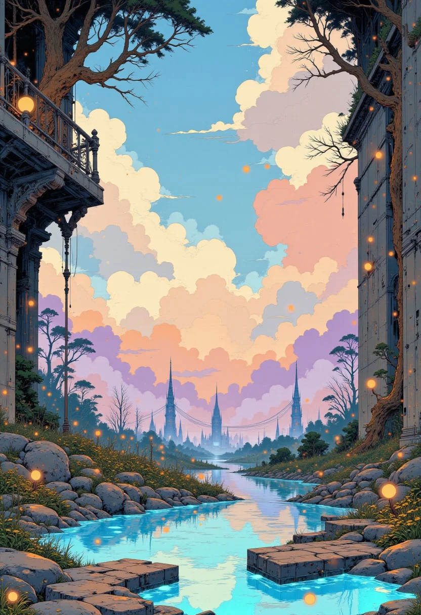 The Iridescent Cloud Temple
A suspended sanctuary, where temple ruins float among glowing clouds, their golden vines creeping over translucent crystal structures. The sky is an endless sea of lavender, peach, and electric blue, reflecting in the smooth marble pools that dot the garden. Gravity-defying lanterns drift lazily through the air, their gentle pulse mimicking the rhythm of a soft synth melody. The air smells of sage, ozone, and morning dew, carrying the faint hum of a celestial harp playing somewhere in the distance.