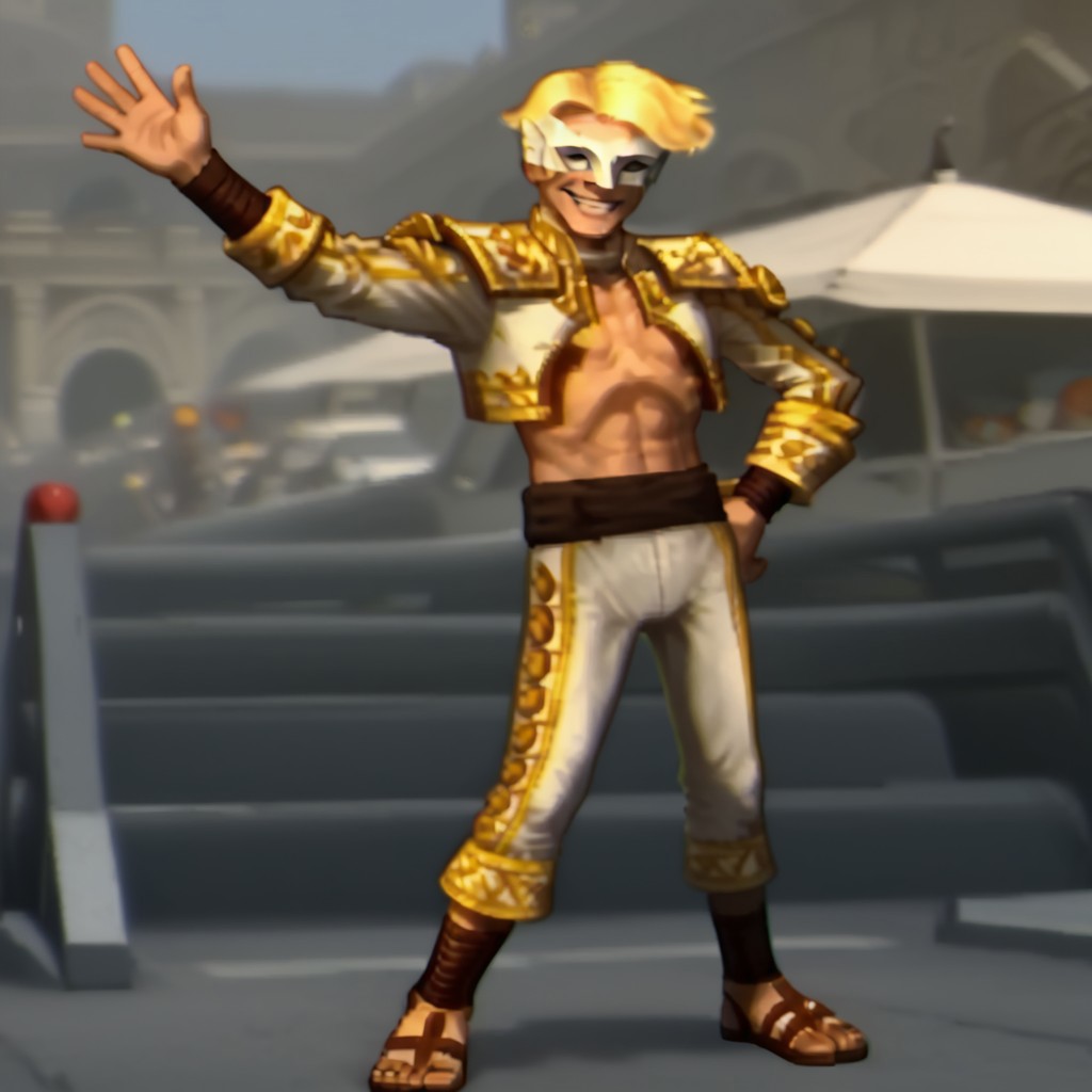 1boy,solo,cropped jacket,open jacket,blonde hair,mask,pants,sandals,facing viewer,one arm up,waving,smiling,standing,handfixer,Expressiveh