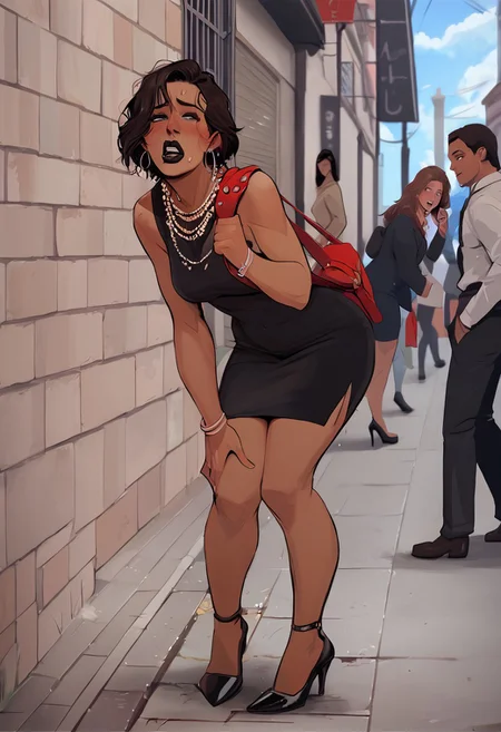 score_9, score_8_up, milf, 2 lesbians on a date, touching her girfriend belly, desperate, on a crowded street, standing in queue to porta-potty, desperation, crossed legs, bent over, holding crotch , toned female, messy ponytail, side locks,multiple women,  bag on shoulder,tight clothing, black short dress, high heels, multiple necklace,horny facial expression,(source_anime:0.4), (tan skin:1.3), dark lipstick
