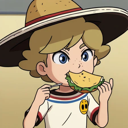 1boy, blonde hair, solo, brown hair, blue eyes, freckles, Daniel, sombrero, eating, taco,