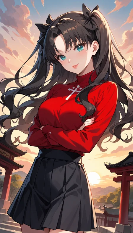score_9, score_8_up, score_7_up, Anime Style, Cowboy Shot, Rin Tohsaka, cute, seductive, innocent, light smile:0.3, plump lips, slender body, aqua eyes, long wavy black hair, twin tails tied with black ribbons, red turtleneck, black skirt, sunset, buddhist temple background, depth of field, dynamic angle, fashion photography, sharp, hyperdetailed:1.15