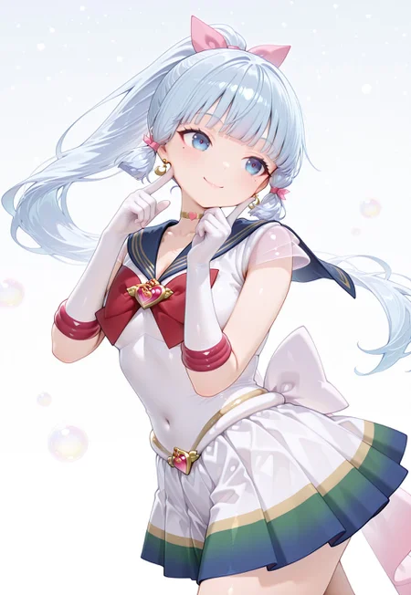 masterpiece,extremely detailed,best quality,amazing quality,newest,absurdres,highres, 1girl, solo, basekamiaya, light blue hair, blue eyes, blunt bangs, mole under eye, ponytail, long hair, hair ornament, hair ribbon, bssmsup3r0utfit, sailor senshi uniform, crescent earrings, blue sailor collar, white elbow gloves, (heartchoker:1.2), heartbrooch, huge white back bow, pleated skirt, multicolored miniskirt, smile, head_tilt , (finger_to_cheek:1.1) ,twisted torso, (Skirt fluttering:1.1), BREAK dynamic_angle,cinematic angle BREAK bubble_background