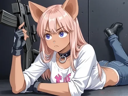 detailed background, shiny skin, rating safe,
<lora:zairose.pony:1>,
zairose,
lying, on stomach, holding rifle, aiming, frown,
casual fashion,
white shirts, jeans,