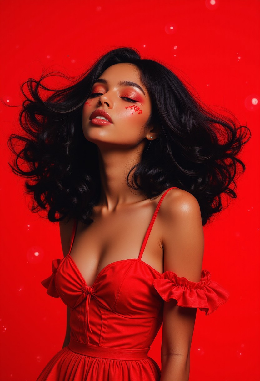 (highest quality:1.2), (hdr:1.0), a righteous woman, (hyper realistic), (cover art:1.1), big hair, upper body, (red theme:1.35), flat colors, closed eyes, (looking up:0.6), pretty face, joyous, bubble, high contrast, (creative:1.1), styled, 8k, (retro abstract:0.9), fleeting, fisheye, (official art:1.1), (splash art), (american aesthetic:0.6), (__Clothes/*__), by (Henry Walter:1.4)
