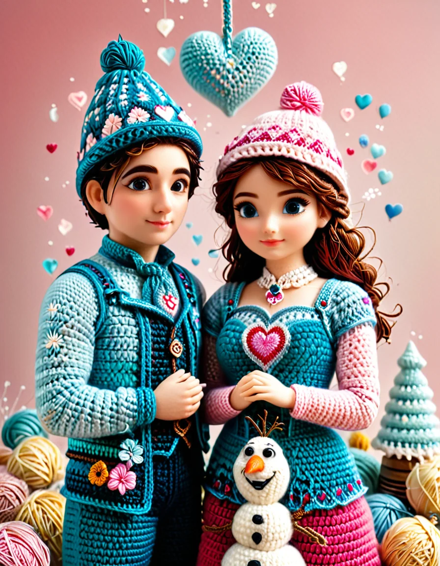 Life-sized crocheted couples frozen in awkward, imperfect poses; hands barely touching, misaligned eyes, and distorted hearts floating above them; soft pastel colors; delicate crochet textures combined with resin transparency; surreal yet tender; humorous yet introspective; celebrating human flaws. <lora:SDXLFaeTastic2400:0.4> <lora:extremely_detailed:0.4> extremely detailed, <lora:cr0ch3t3d:1>,cr0ch3t3d, Masterpiece,best quality,hi res,8k,hi res,8k,award winning,(sharp focus, intricate, highly detailed),