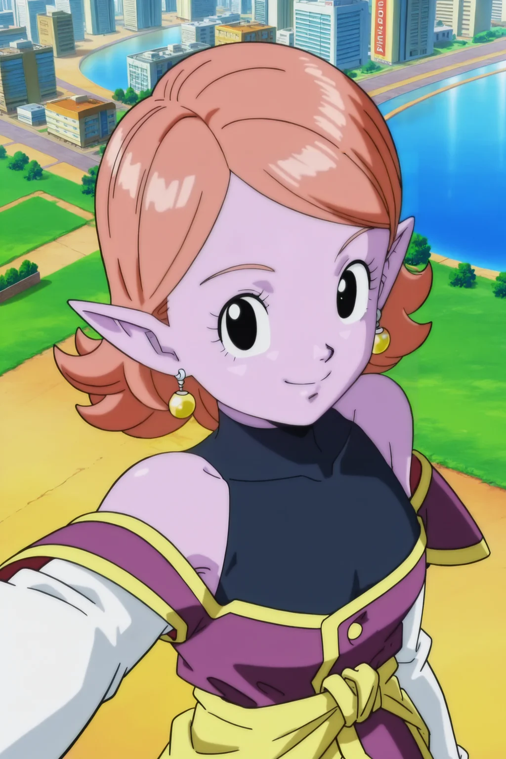 anime screencap, masterpiece, best quality, amazing quality, very aesthetic, absurdres, newest, (scenery, volumetric lighting),
selfie, conton city, chronoa, 1girl, solo, looking at viewer, smile, short hair, bare shoulders, potara earrings, closed mouth, upper body, orange hair, pointy ears, black eyes, city, colored skin, purple skin, collarbone, from above, small breasts, arm by side, eyelashes, detached sleeves, kai tunic, official style, purple tunic, sleeveless turtleneck leotard, white sleeves, yellow sash, off shoulder, short hair,
<lora:Chronoa_IL:0.8>